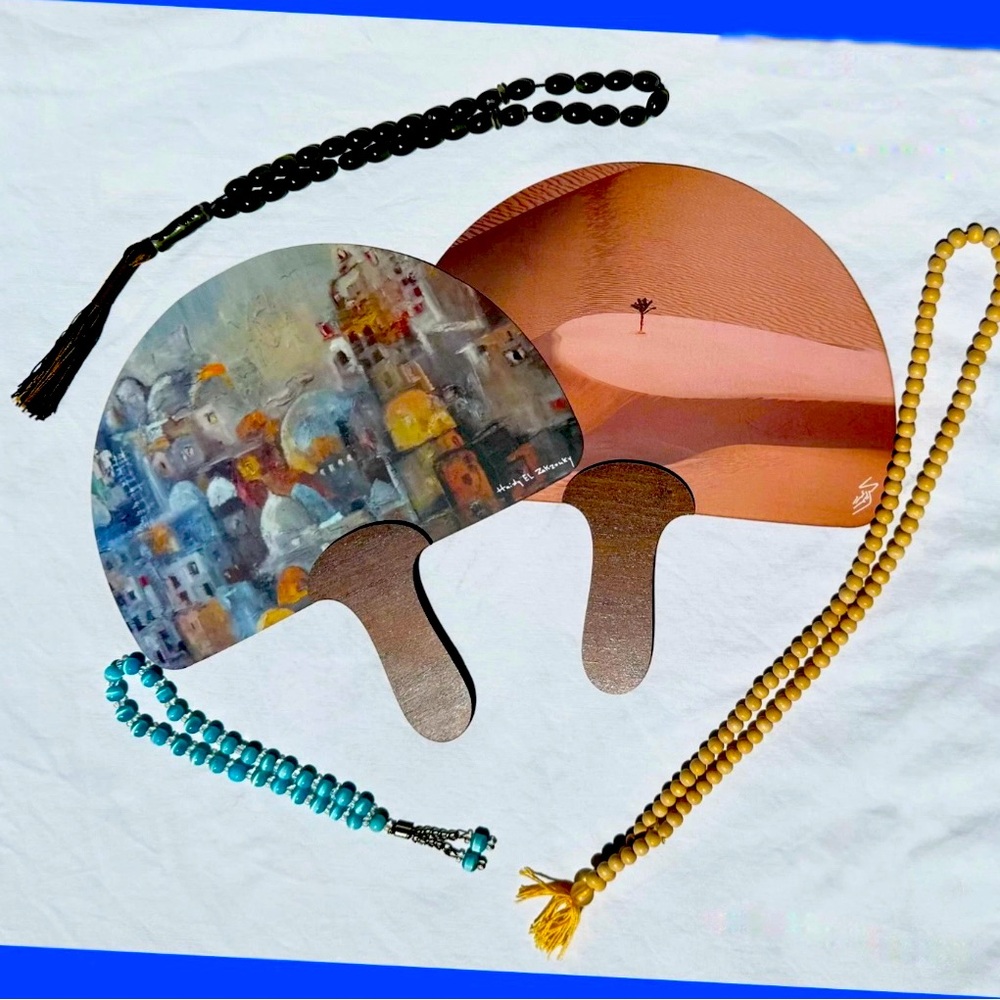 Hedeya Masreya Signed Egyptian Art Fans & Prayer Beads Bundle